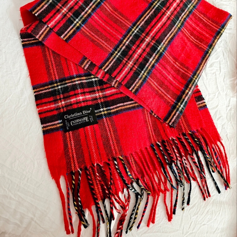 Christian Dior Red Plaid Cashmere Fringe Scarf